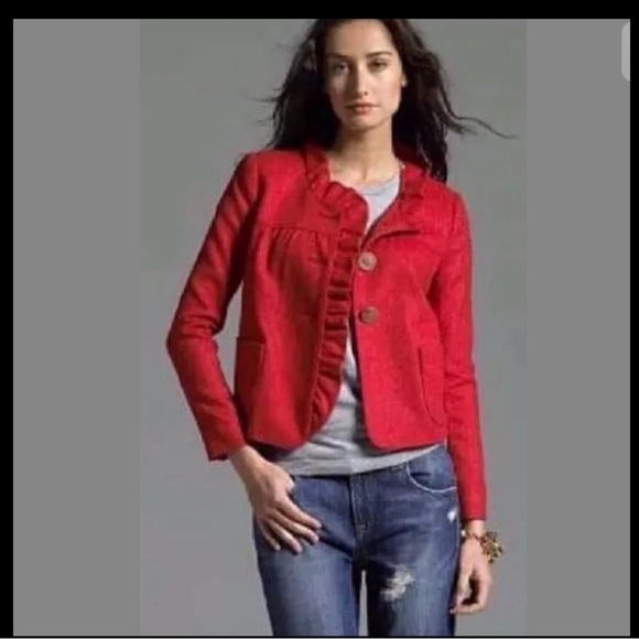 J. CREW Fiona Herringbone Jacket Coat Red Wool Ruffle Trim Donegal Career Work - Picture 7 of 7
